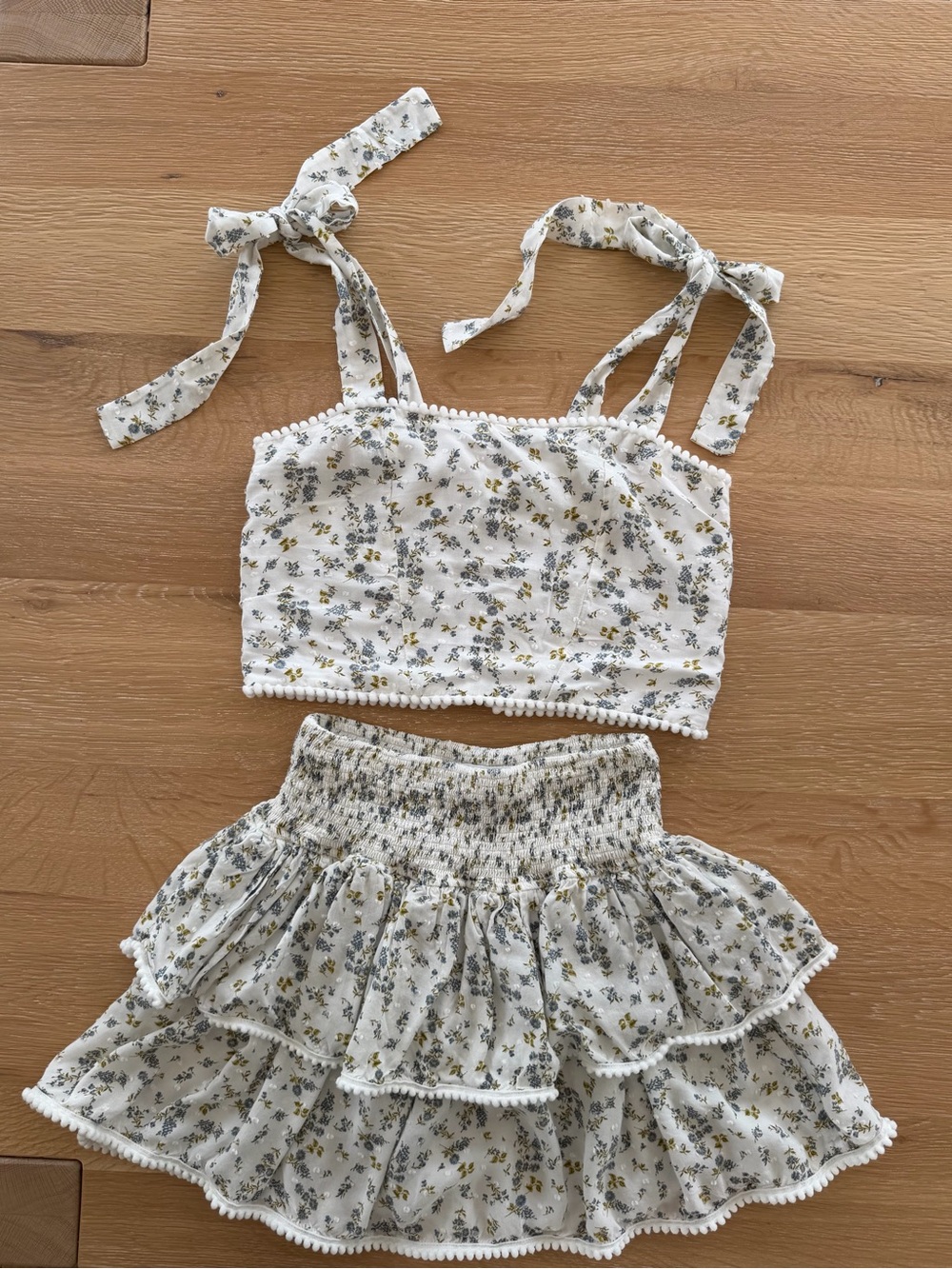 Tween Girls White Floral Smocked Ruffle Skirt & Tie-Strap Top Set